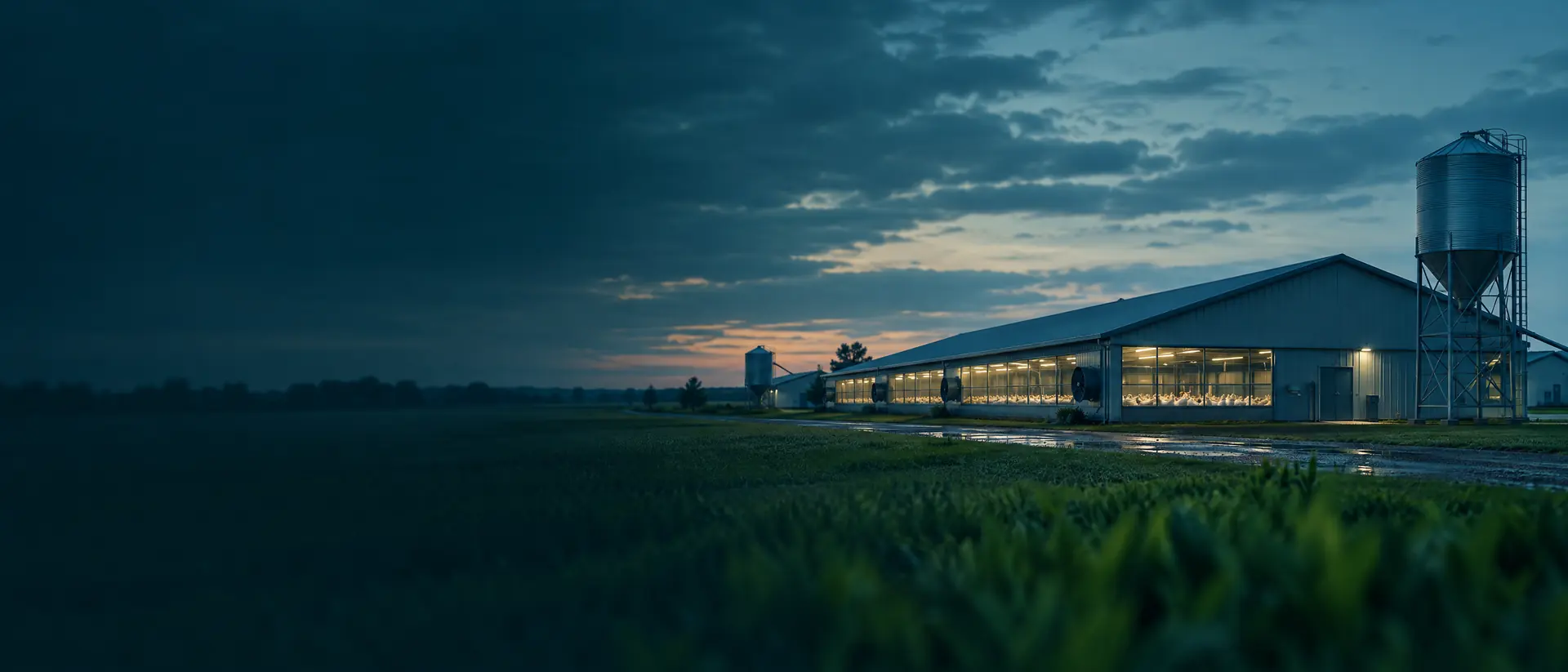 Moderner Geflügelstall und Wasserturm auf offenem Ackerland in der Abenddämmerung