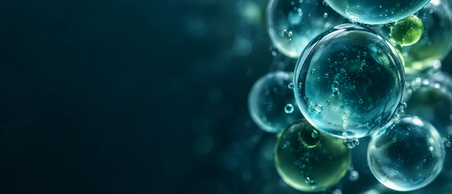 Layered translucent spheres suspended in clear liquid under teal light