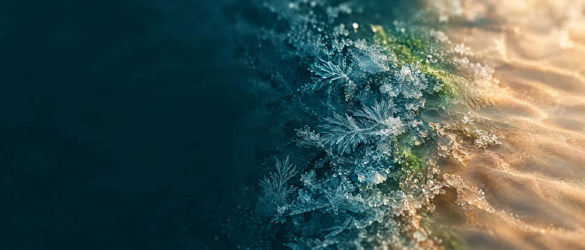 Frost dissolving into warm light across a dark teal surface