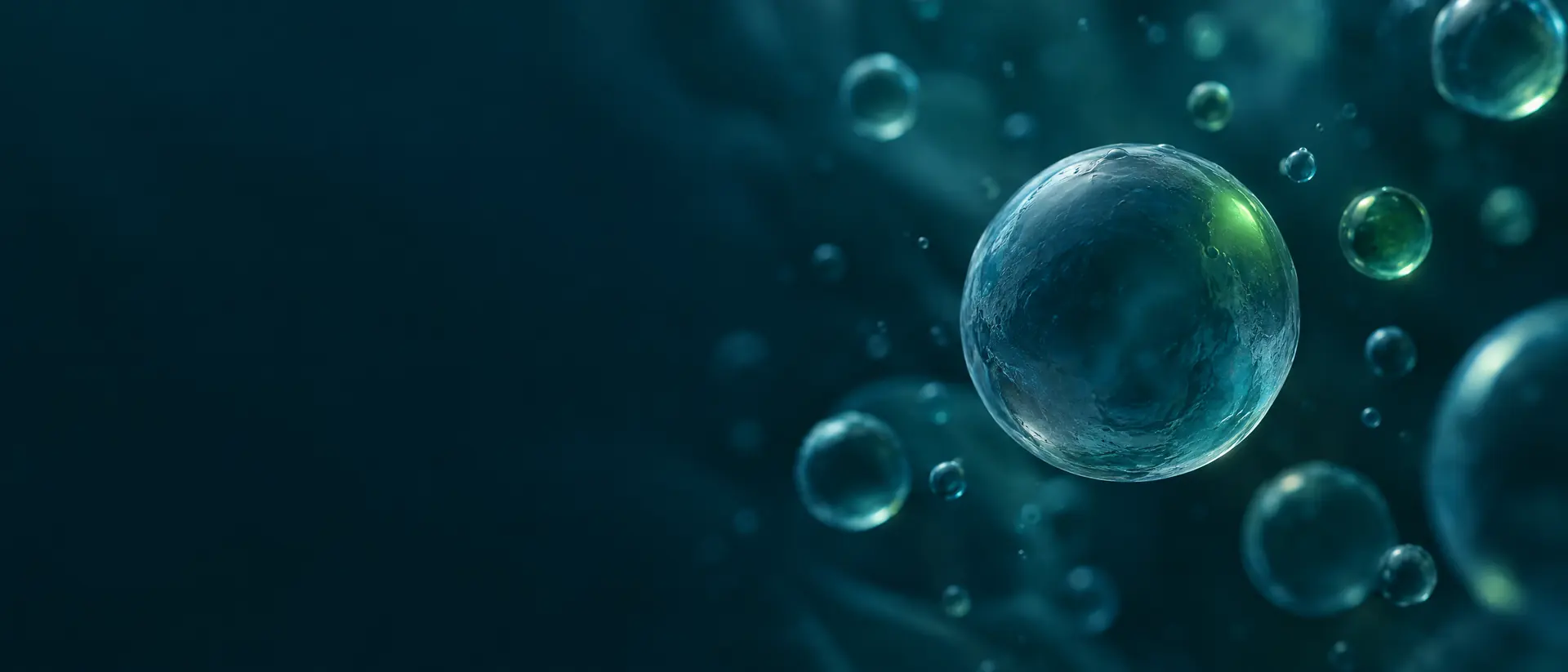 A translucent sphere surrounded by smaller spheres at varying depths in dark teal liquid