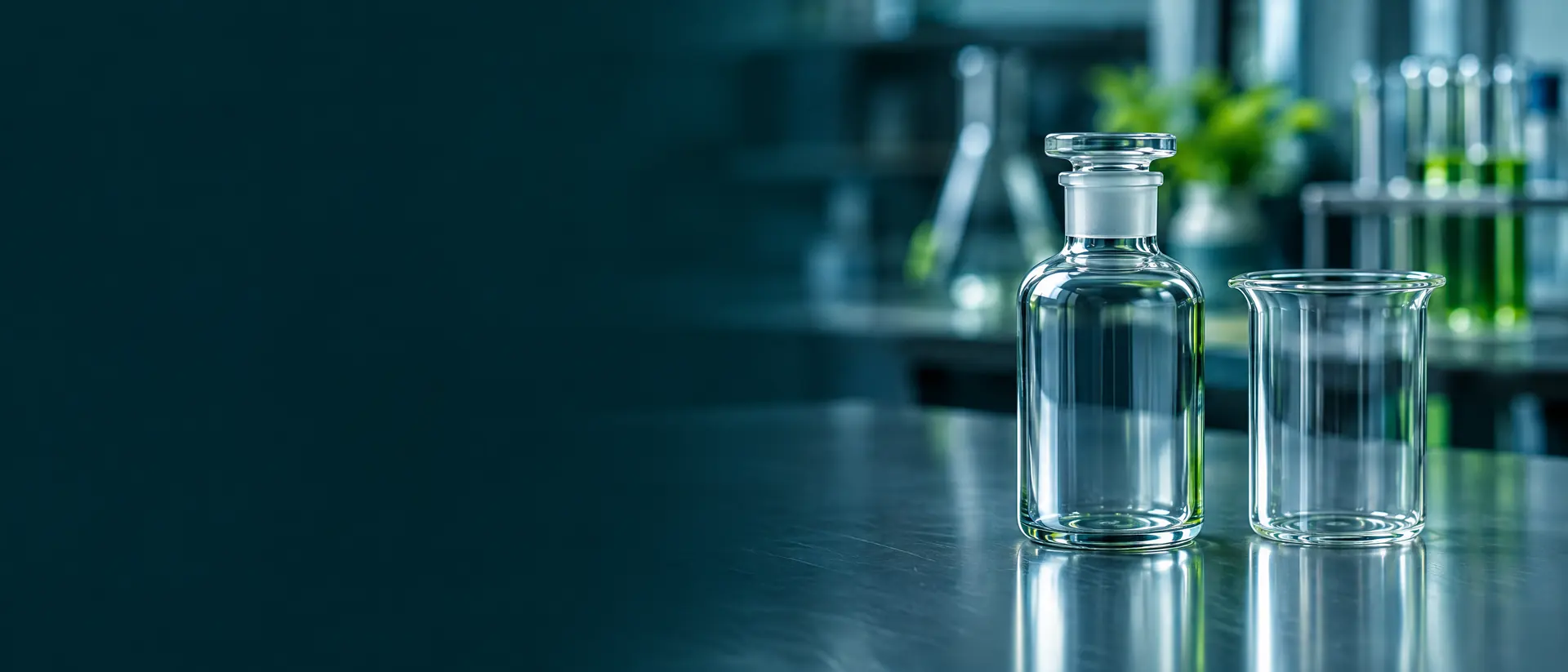 Closed unlabeled glass bottle beside a clean empty beaker on a stainless bench