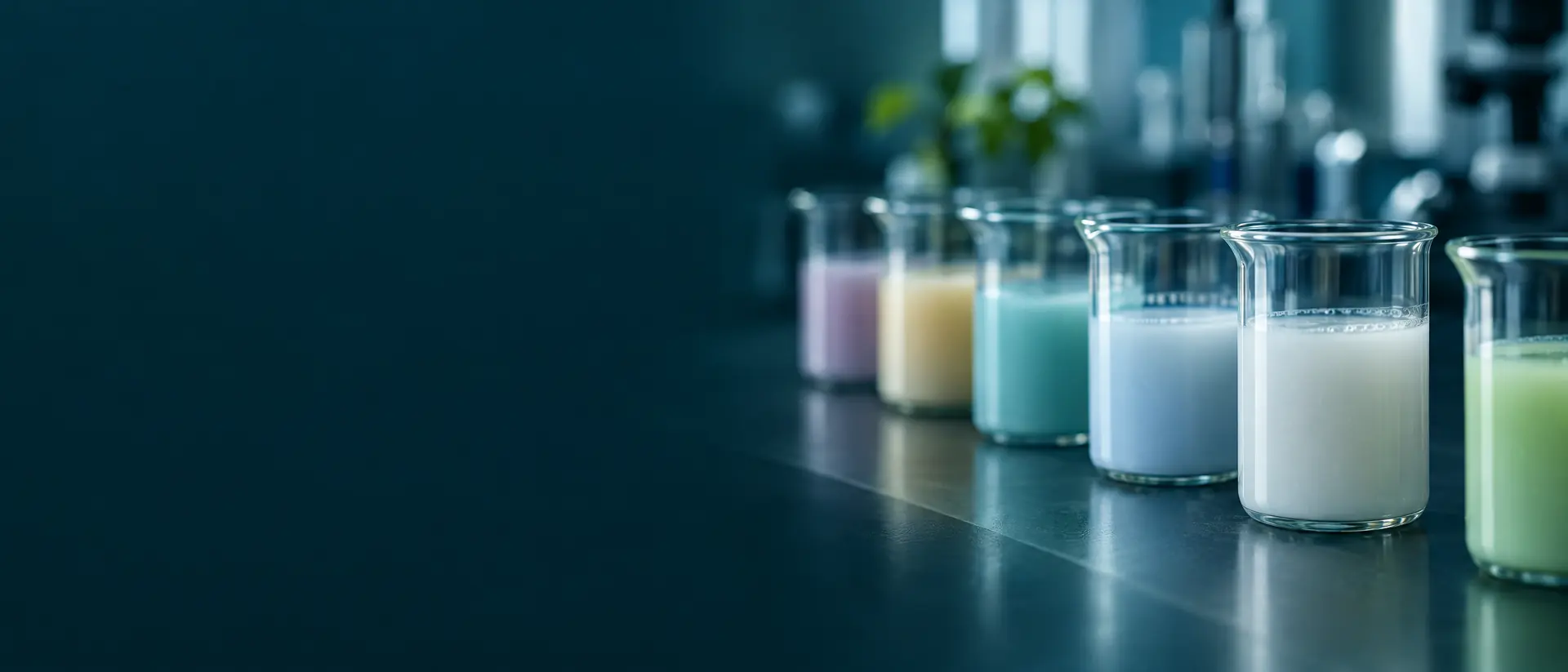 Vasos de precipitado de vidrio con emulsiones lechosas teñidas, desenfocados, sobre una mesa de laboratorio oscura