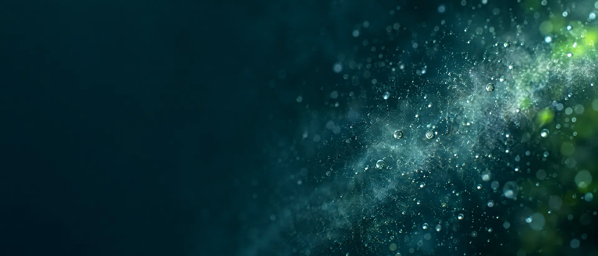 A fine mist of pale droplets suspended in dark teal space