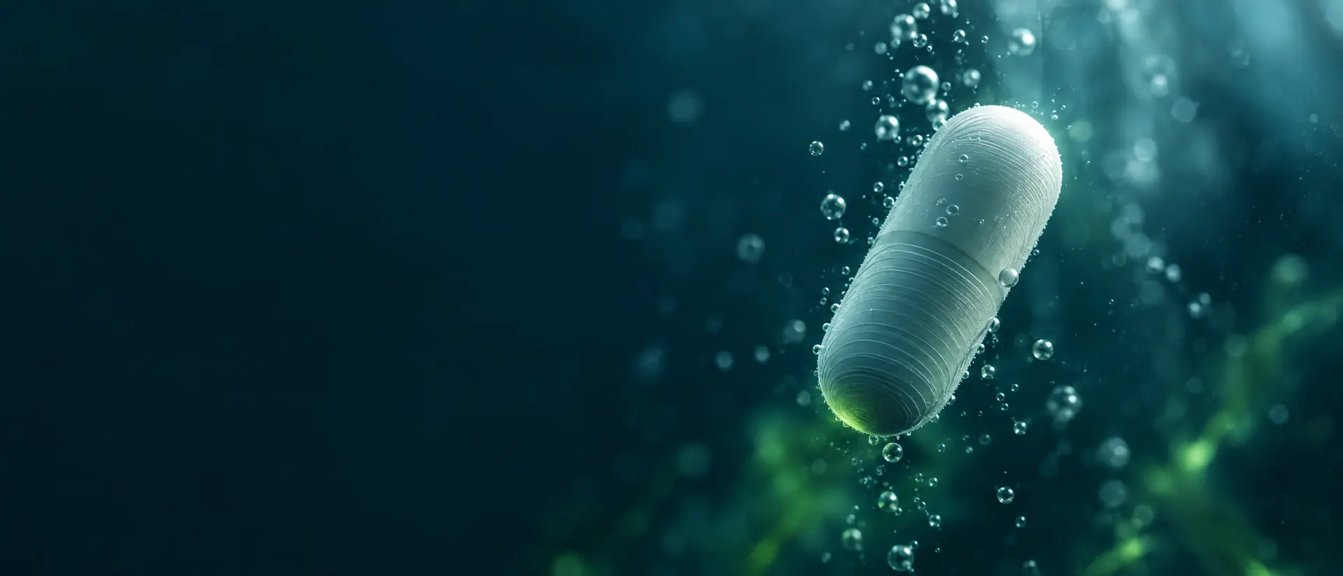 A layered capsule suspended in dark teal liquid