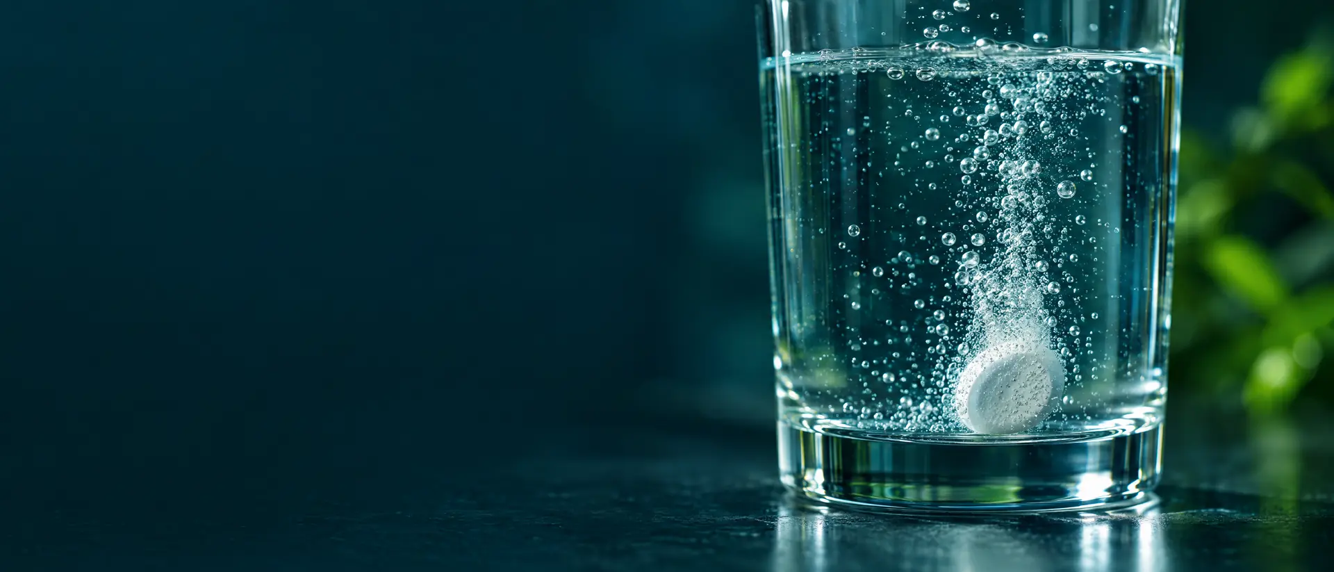 Unmarked white tablet dissolving in a glass of water with rising bubbles