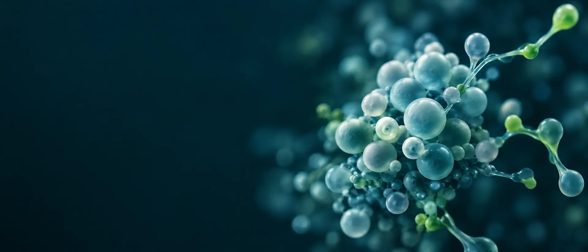 An abstract cluster of pale glowing spheres branching into different forms