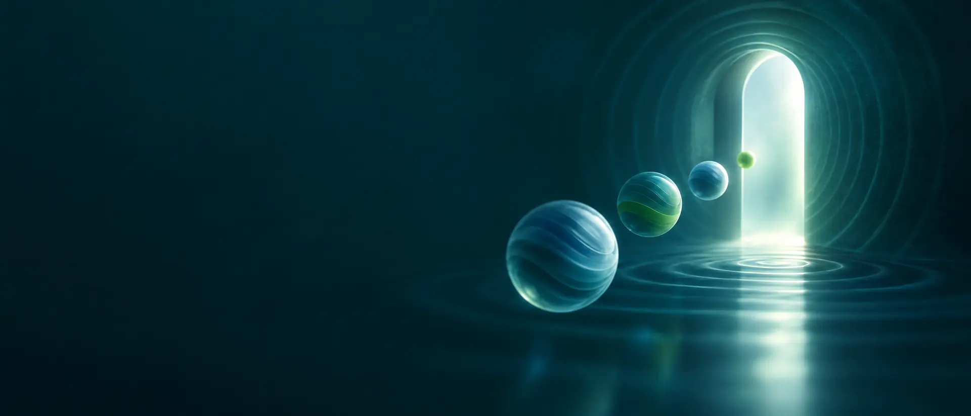 Abstract opening in a dark teal surface with layered spheres drifting toward it