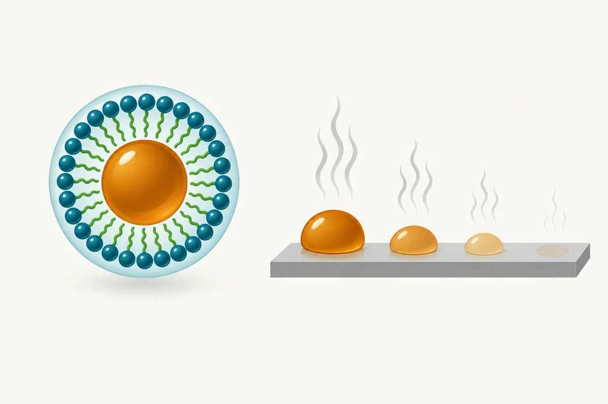 Diagram of a nano-emulsion droplet and oil droplets evaporating from a surface