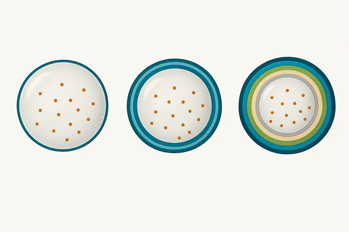 Cross-sections of a single-walled vesicle, a double-walled carrier and a multi-layer shell side by side