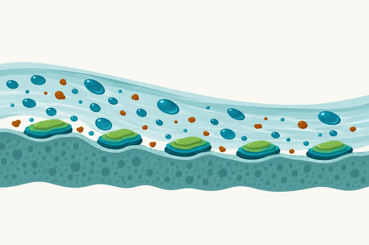 Cross-section showing plain droplets swept away while layered particles stay anchored to the surface