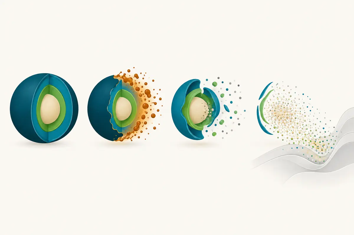 Four-stage cutaway of a layered sphere opening in sequence and releasing its core