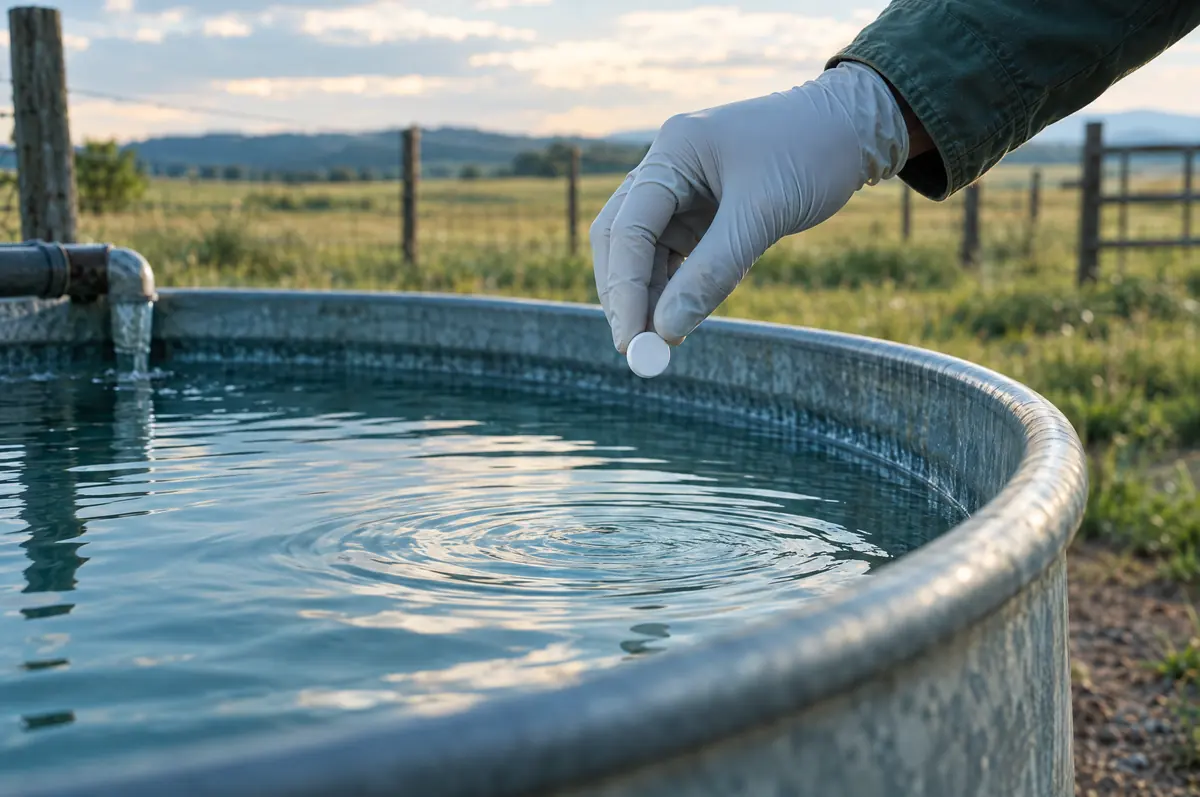 Gloved hand dropping an unmarked tablet into a galvanized water tank at a remote rural site