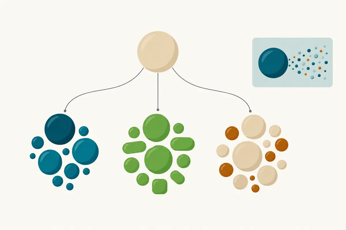 Branching diagram from one cell form into several, with a side panel showing released vesicles
