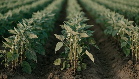 Rows of green bean plants in flower and early pod across worked soil, with gaps in the stand.