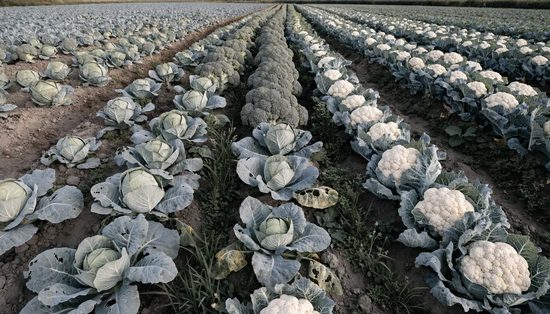 A brassica field with cabbage, broccoli and cauliflower in adjacent bays of blue-green foliage.