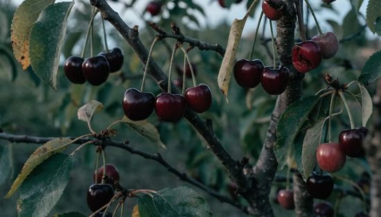 Dark red sweet cherries hanging in pairs and clusters against dusty orchard foliage.