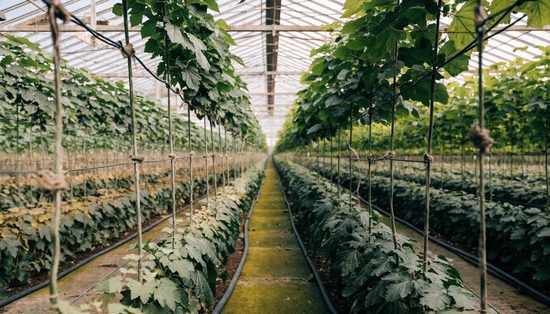 Long rows of trained crop plants receding down a working commercial glasshouse under the glass roof.