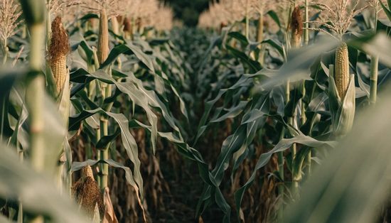A maize field above head height, tassels on top and filled cobs with brown silks at mid stalk.