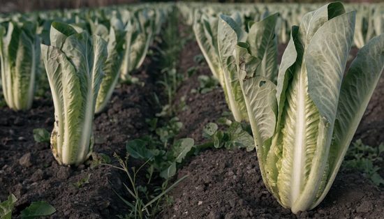 Upright cos lettuce heads with long ribbed leaves, planted in double rows on raised dark beds.