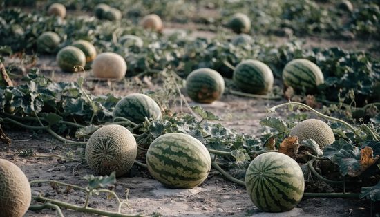 Watermelons and rockmelons resting on the soil among sprawling vine leaves, pale ground spots showing.