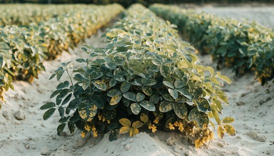 Low bushy peanut plants with small yellow flowers, growing in rows on mounded sandy soil.