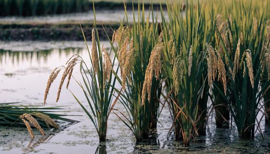 A flooded rice paddy at grain fill, heavy panicles arching over standing water that reflects the sky.