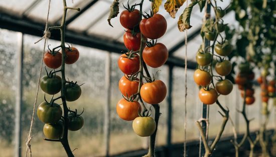 Tomato trusses in a glasshouse carrying red, orange and green fruit together on the same truss.
