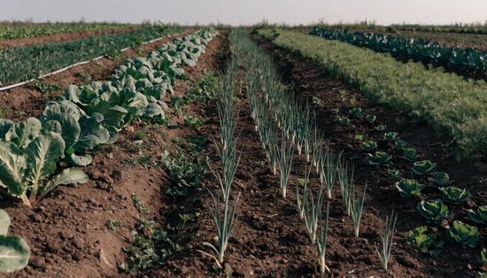 A mixed market garden with lettuce, onions, carrots and brassicas in adjacent beds at different stages.
