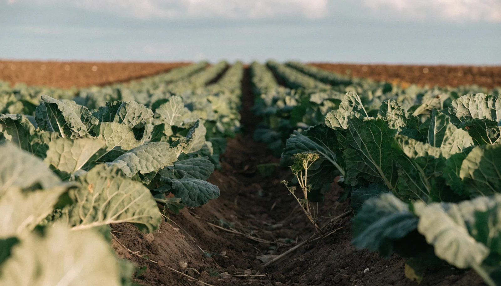 A commercial vegetable crop in full production seen down the row in late-afternoon light.