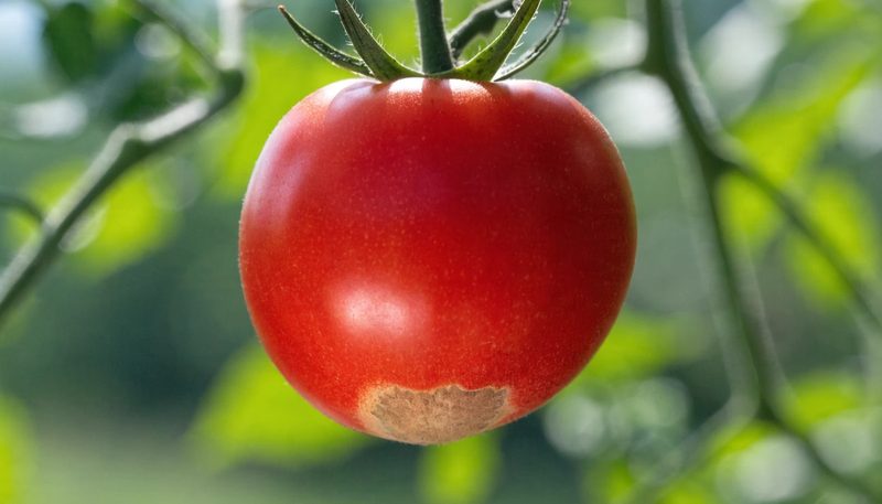A tomato with a small sunken dark patch at the blossom end.