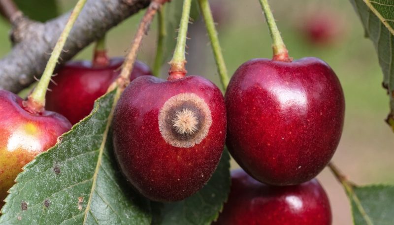 A small brown rot patch with tan spore tufts on one cherry.