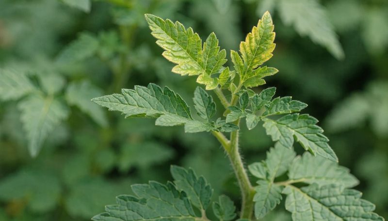 Upward-cupped, margin-yellowed young leaves on a tomato shoot.