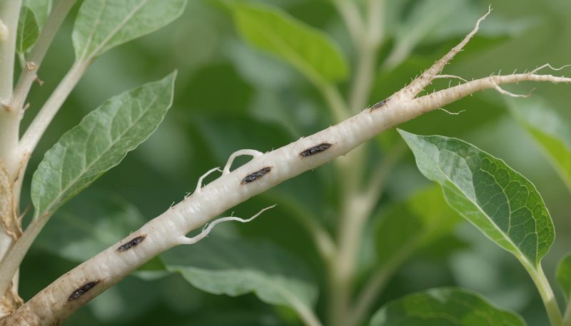 A few dark sunken lesions along otherwise pale healthy roots.