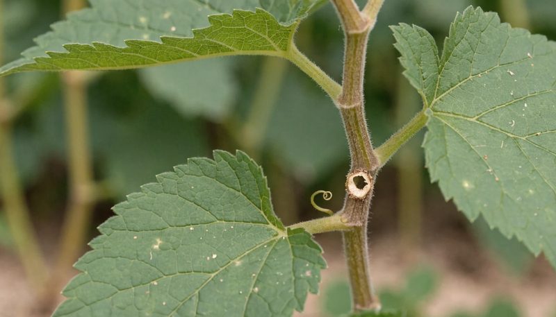 One borer entry hole with frass at a melon vine node.