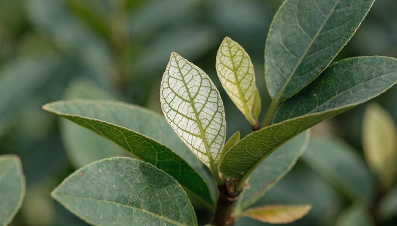 A fine green vein network on the pale young leaves of a citrus shoot.