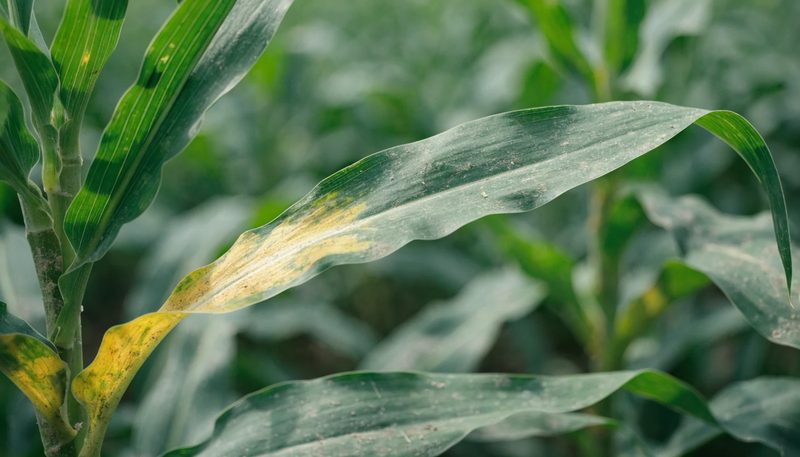 Pale midrib yellowing on the lowest leaves of a maize plant.