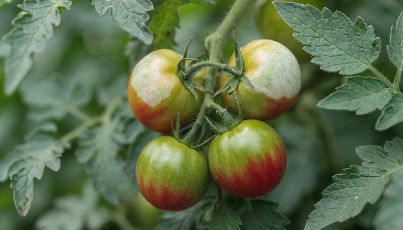 A tomato cluster ripening unevenly with two pale-shouldered fruit.