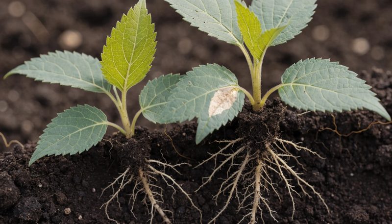 Two lifted seedlings, one with a shallow root ball beside a fuller one.