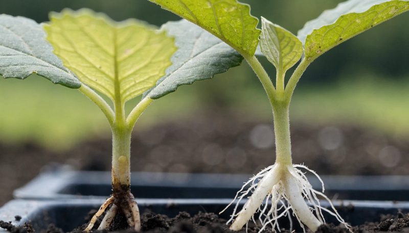 Brown water-soaked root tips on a cucumber seedling beside a healthy one.