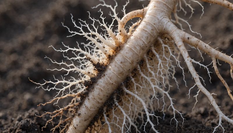 A cotton root system with thinned fine roots on one side.