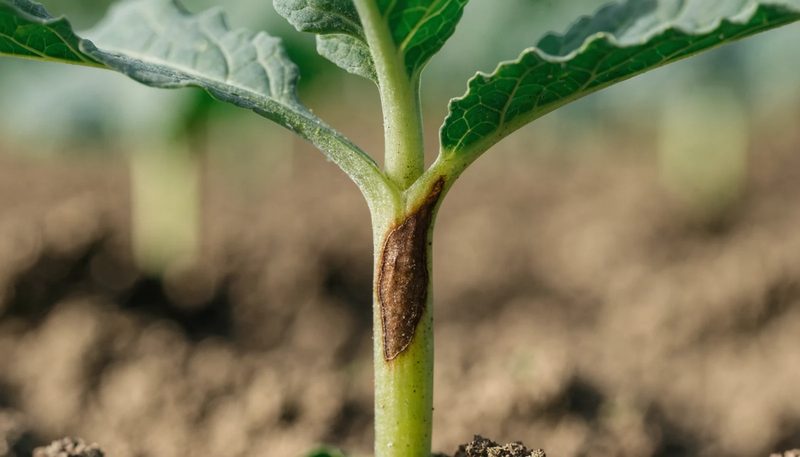 A narrow sunken brown lesion above the soil line on a brassica seedling.