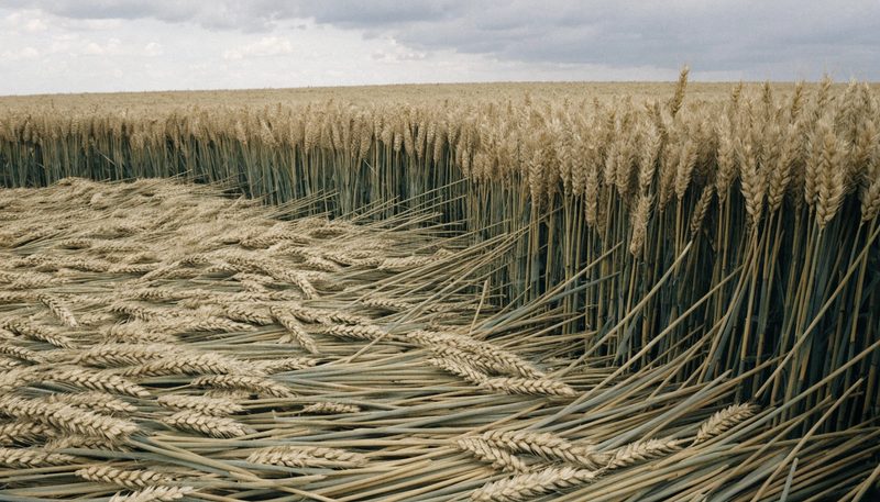 A ragged patch of lodged wheat beside crop that is still standing.