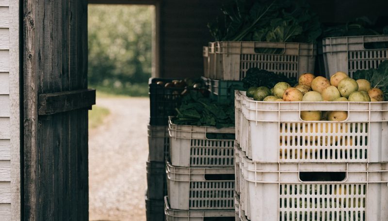 Graded produce in stacked crates in a packing shed doorway.