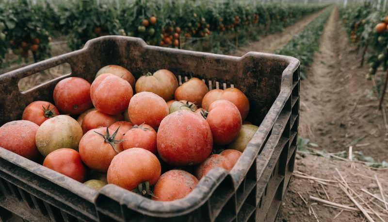 A full picking crate of field tomatoes at the headland with the crop behind.
