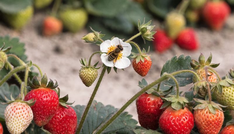 A honeybee on an open strawberry flower beside newly set fruitlets.