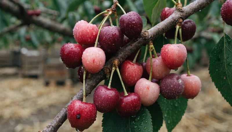 Smooth uncracked cherries beading water on the branch after rain.