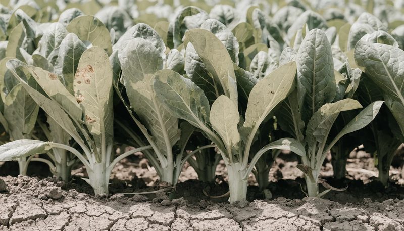 A crop standing turgid in hard midday light on dry soil.