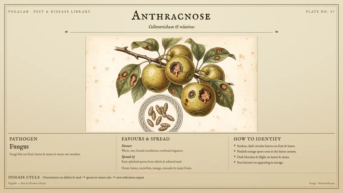 Identification plate for anthracnose: fungus, size shown to scale, with overwinters on debris & seed → spores in warm rain → new infections repeat.