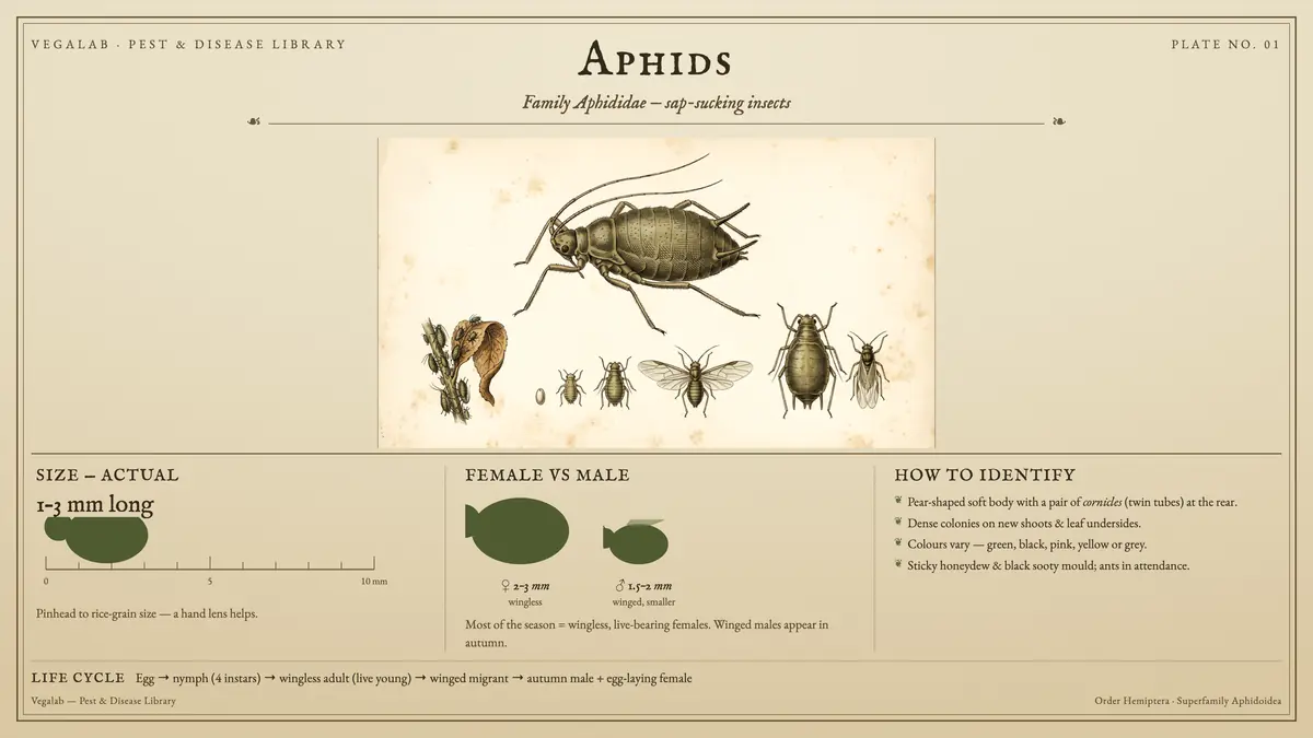 Identification plate for aphids: about 1 - 3 mm long, ♀ 2 - 3 mm wingless and ♂ 1.5 - 2 mm winged, smaller, with egg → nymph (4 instars) → wingless adult (live young) → winged migrant → autumn male + egg-laying female.