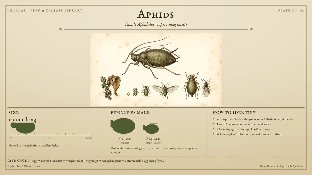 Lámina de identificación de pulgones: aproximadamente 1–3 mm de largo, ♀ 2–3 mm áptera y ♂ 1.5–2 mm alado, más pequeño, con huevo → ninfa (4 estadios) → adulto áptero (crías vivas) → migrante alado → macho otoñal + hembra ovípara.